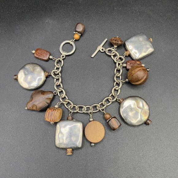 Vintage Hammered Metal & Wood Bead Charm Chain Bracelet - Picture 2 of 2